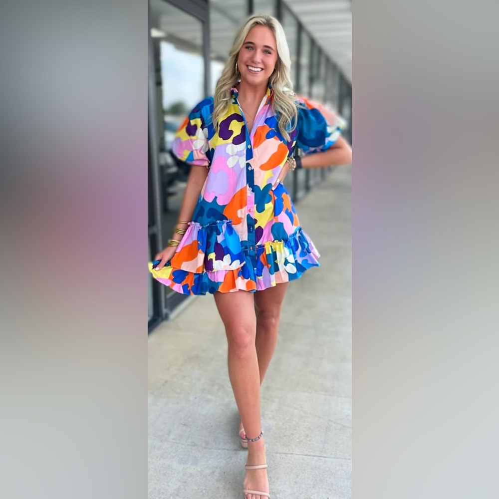 Karlie Abstract Floral Puff Sleeves Mini Dress size M